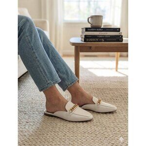 Gianni Bini Women's Mules Size 8M White Croc Embossed Leather Gold Chain